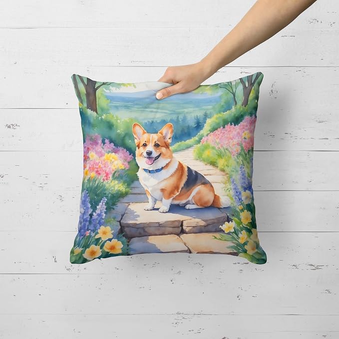 Caroline's Treasures Corgi Spring Path Throw Pillow Machine Washable, Indoor Outdoor Decorative Pillow for Couch, Bed or Patio, 18Hx18W