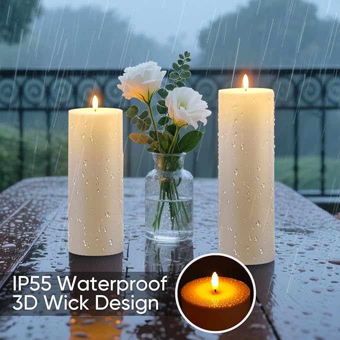 Raycare 2Pcs 4'' X 12'' Large Waterproof Outdoor Flameless Candle, Battery Operated LED Candles with Remote Control and Timer, Electric Fake Plastic Pillar Candles, Ivory