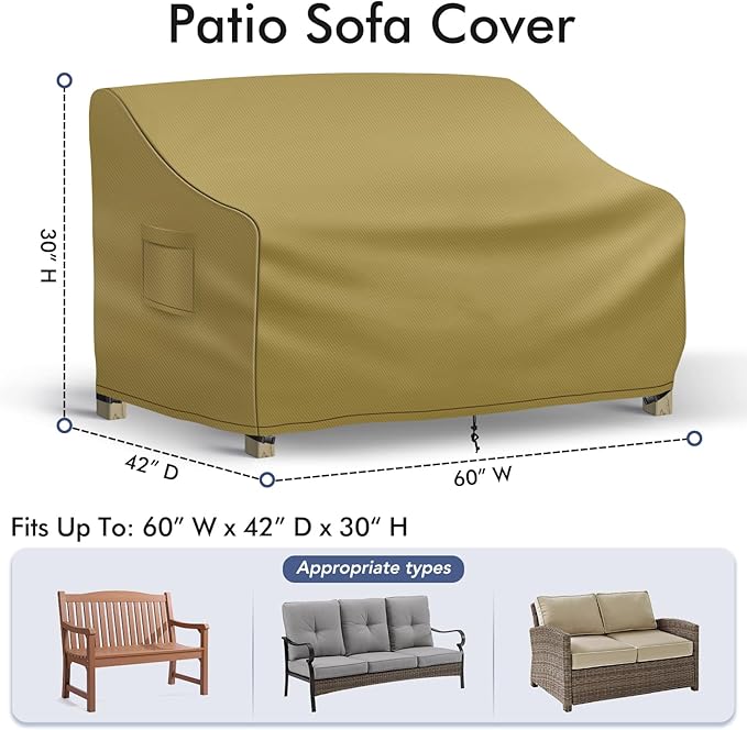 Richwon Patio Loveseat Cover Waterproof, 2-Seater Outdoor loveseat Cover, Patio Furniture Covers with Air Vent and Handles, 60W x 42D x 30H Inches, Khaki