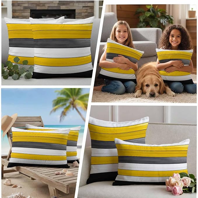 Yellow Black Outdoor Pillow Covers 24"x24" Set of 2, Striped Gradient Wood Grain Modern Art Waterproof Throw Pillow Covers for Patio Furniture, Decorative Cushion Covers for Porch