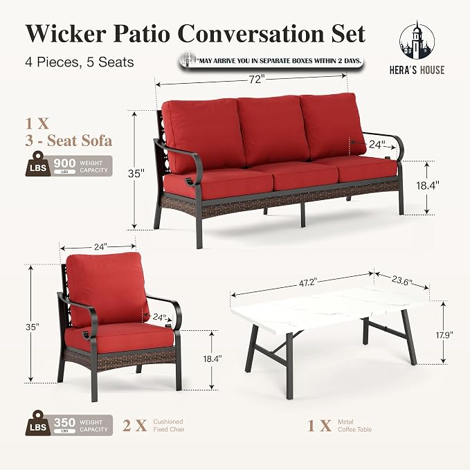 HERA'S HOUSE 4 Piece Metal Patio Furniture Set, All Weather Outdoor Conversation Set with 3 Seat Sofa, 2 x Cushioned Fixed Chair & Coffee Table, Seats 5 for Backyard, Garden, Deck, Red