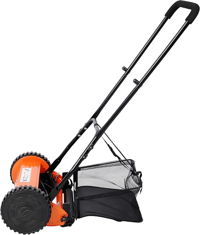 14 Inch 5-Blade Push Reel Lawn Mower with Grass Catcher Orange Manual Walk-Behind Mower Adjustable Cutting Height 0.6-1.8 Inches Lightweight 13.6 lbs Eco-Friendly Reel Mower for Residential Lawn