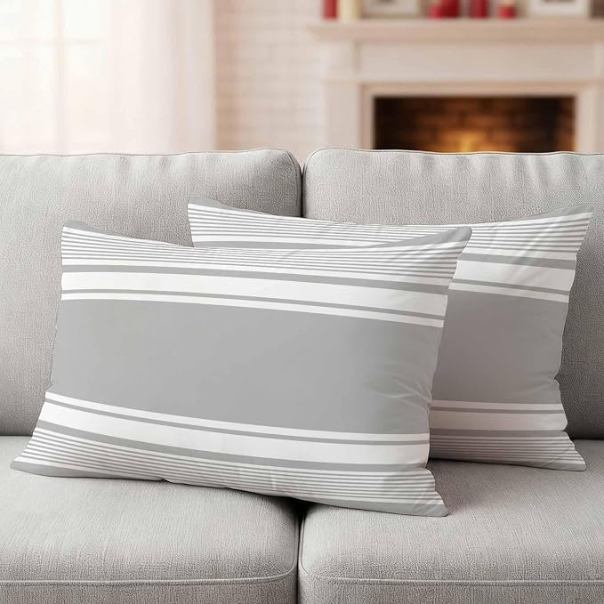 Outdoor Waterproof Throw Pillow Covers, Grey Striped Decorative Pillow Cases, Modern Color Block Farmhouse Stripes Couch Pillow Protector Patio Sofa Cushion Covers Replacement 20"x12" 2 Pack
