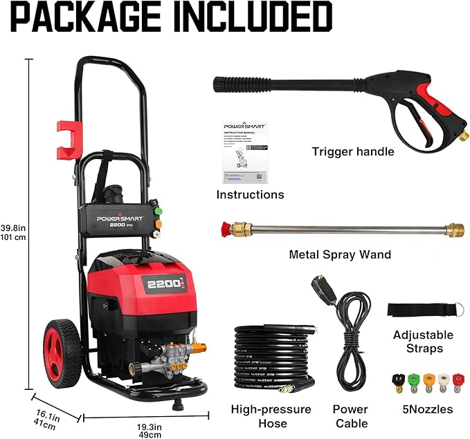 PowerSmart Electric Pressure Washer - 2200 PSI Max 1.2 GPM Power Washer with Wheels, Onboard Soap Tank, 5 Nozzles Set& Metal Wand - Professional High Pressure Cleaner for Cars, Driveways & Patios