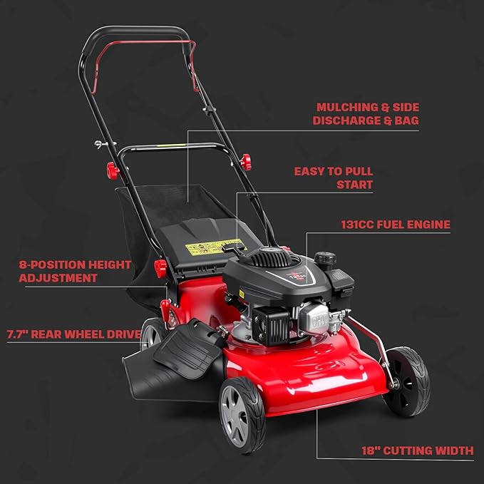 20 Inch Self Propelled Gas Lawn Mower | 131cc Gas Engine | 3 in 1 Functions/Bagging, Mulching, Side Discharge | Self-Propelled Rear Wheel System | 50L Grass Tank | Lightweight Design | Big Wheels Red