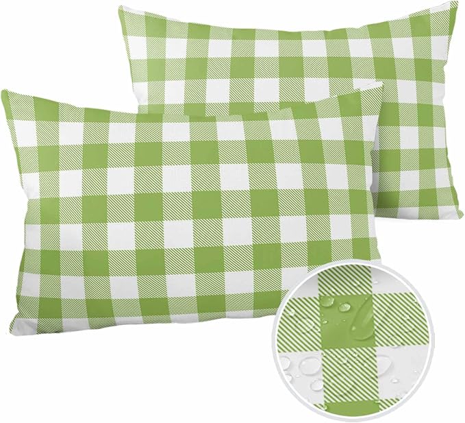 Outdoor Waterproof Throw Pillow Covers Set of 2 Sage Green Buffalo Check Plaid Lumbar Pillowcases 20x12 Inches Farmhouse Style Patio Decorative Pillows Cushion Case Patio Pillows for Couch Bed Garden