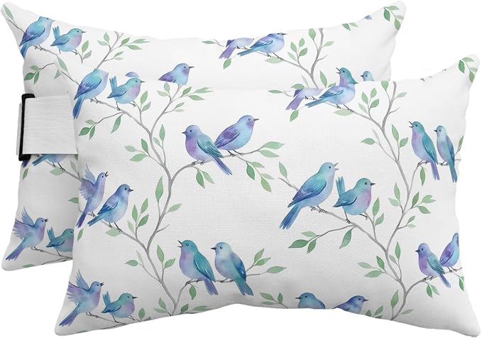 Outdoor Pillow for Chaise Lounge Chair Modern Watercolor Bird Tree Branch Headrest Pillow with Adjustable Elastic Strap Set of 2,11x16 inch, Botanical Leaves Blue Birds Head Pillows for Patio Pool