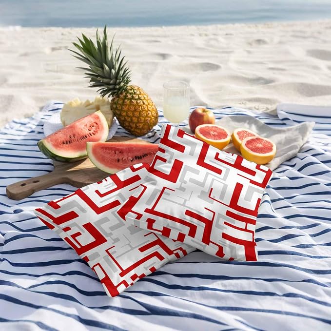 Vandarllin Outdoor Throw Pillows Covers 26x26 inch Set of 2 Waterproof Red Geometric Stripes Decorative Zippered Cushion Covers for Patio Furniture, Modern Abstract Lines Lumbar Pillowcases