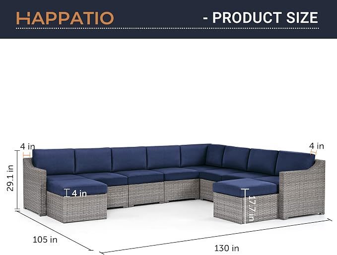 HAPPATIO 10 Piece Patio Conversation Set,Patio Furniture Set with Multiple Configuration Options,Rattan Wicker Outdoor Sectional Sofa with Thick Cushions. Easy Setup. (Gray/Blue)