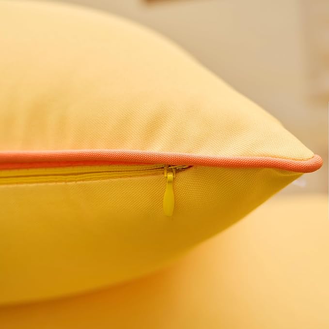 LIGICKY Pack of 2 Yellow Outdoor Waterproof Throw Pillow Covers Decorative Orange Edge Square Pillows Cushion Case Outside Pillowcase for Patio Couch Tent Sunbrella (20x20 inch)