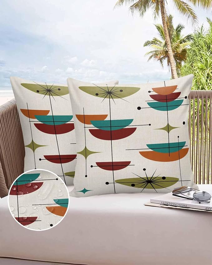 Vandarllin Outdoor Throw Pillows Covers 18x18 inch Set of 2 Waterproof Boho Mid Century Decorative Zippered Cushion Covers for Patio Furniture, Turquoise Orange Geometric Abstract Lumbar Pillowcases
