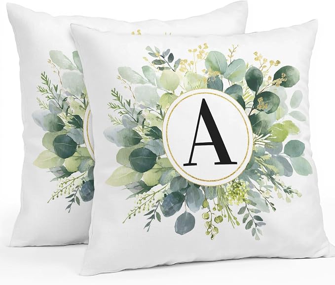 Letter A Waterproof Outdoor Pillow Covers Set of 2 Home Decor, Alphabet Green Eucalyptus Leaves Pillowcase Patio Pillow Covers for Couch Bench Patio Furniture Garden 18x18in