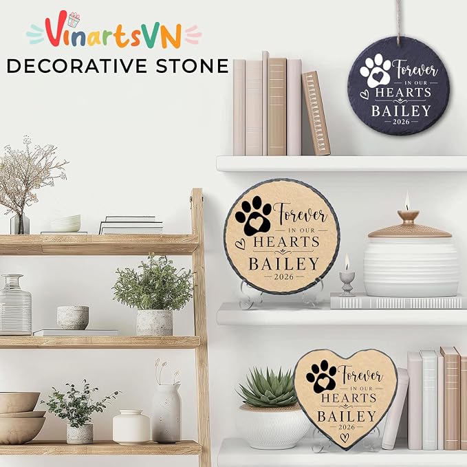 Personalized Pet Memorial Stone, Forever in Our Hearts Dog Cat Memorial Garden Stone, Passing Away Sympathy Gift for Loss of Dog, Waterproof Natural Slate Remembrance for Indoor Outdoor