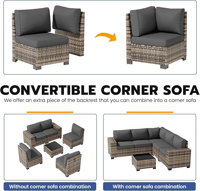Patio Furniture Set, Wide Armrest Outdoor Furniture Set with Thick Cushions, 6 Piece Wicker Rattan Patio Sectional Sofa for Backyard, Poolside, Garden