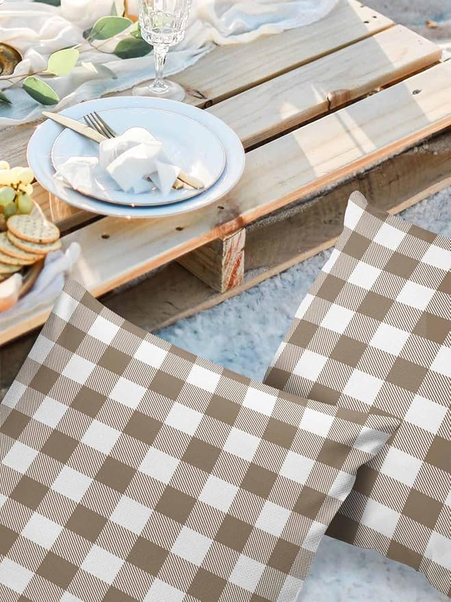 Outdoor Waterproof Throw Pillow Covers Set of 2 Light Brown Buffalo Check Plaid Pillowcases 20x20 Inches Farmhouse Style Patio Decorative Pillows Cushion Case Patio Pillows for Couch Bed Chair Garden