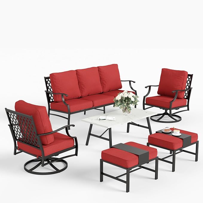 SUNSHINE VALLEY 6 Piece Metal Outdoor Patio Furniture Set, Patio Conversation Sets 1 3-Seater Sofa, 2 Swivel Chair, 2 Ottomans with 5.75" Thick Cushion and Coffee Table, Black Backyard Furniture, Red