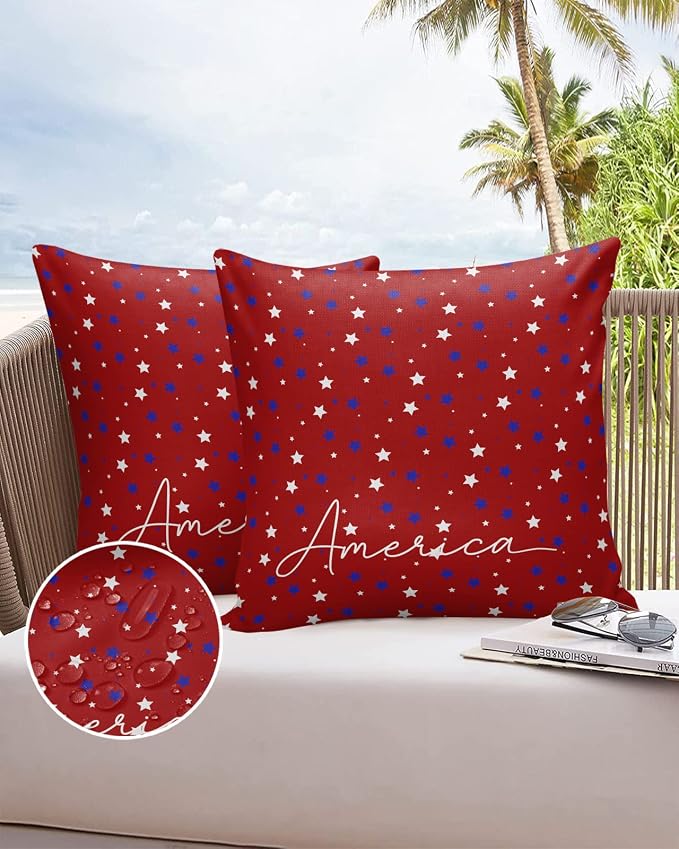 Pentagram Outdoor Pillow Shams Set of 2, Decorative Pillowcases Cushion Case, Soft Throw Pillow Covers Waterproof Pillow Case 20x20 Inch, American Patriotic Stars Red Blue