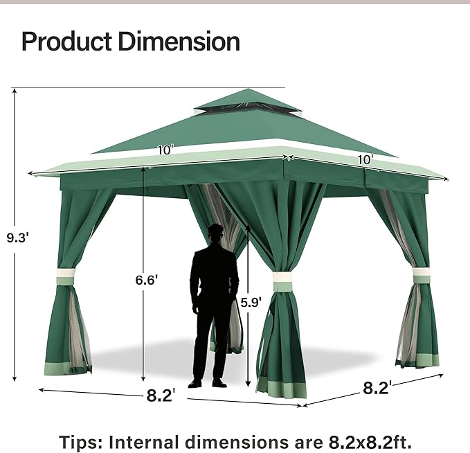 LAUSAINT HOME Patio Gazebo 10'x10', Outdoor Heavy Duty Party Tent Shelter with Double Roofs, Mosquito Nettings and Privacy Screens for Backyard, Garden, Lawn, Forest Green