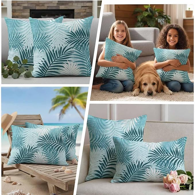 Outdoor Waterproof Throw Pillow Covers, Teal Palm Leaves Decorative Pillow Cases, Summer Botanical Tropical Leaf Couch Pillow Protector Patio Sofa Cushion Covers Replacement 20"x20" 2 Pack