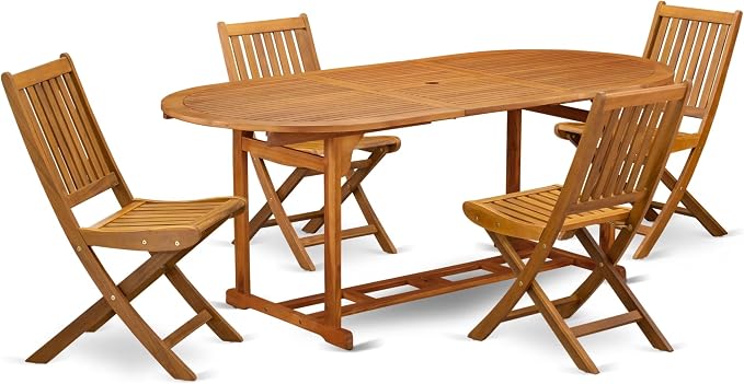 East West Furniture BSDK5CWNA 5 Piece Patio Dining Set Includes an Oval Outdoor Acacia Wood Table and 4 Folding Side Chairs, 36x79 Inch, Natural Oil
