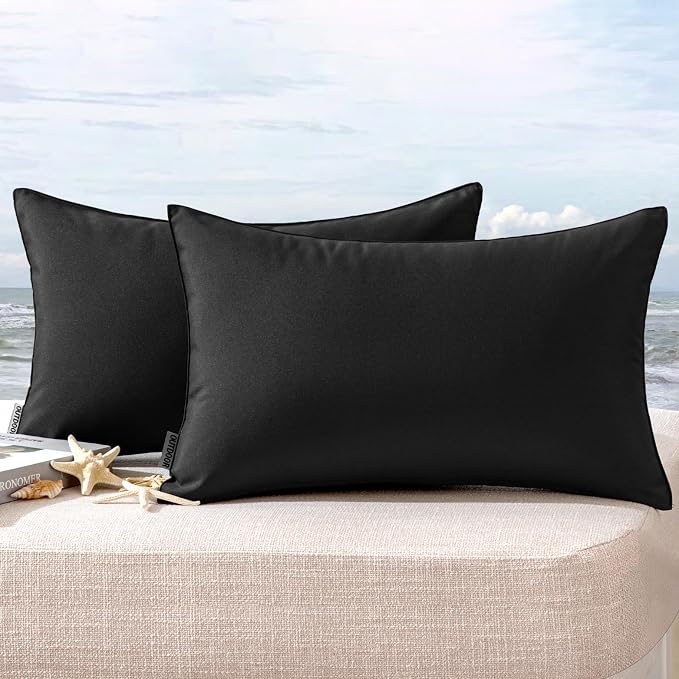 MIULEE Decorative Outdoor Waterproof Pillow Covers 12x20 Black | Decorative Patio Furniture,Pack of 2,Accent Lumbar Soild Throw Pillow Covers,Summer Garden Tent Couch Sofa