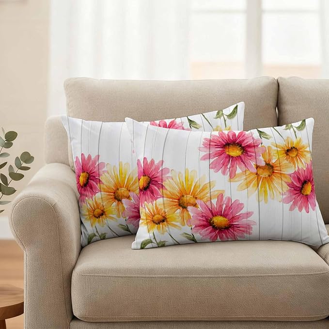Yellow Pink Daisy Outdoor Pillow Covers 20"x12" Set of 2, Rustic Farmhouse Wooden Slats Waterproof Throw Pillow Covers for Patio Furniture, Decorative Cushion Covers for Porch
