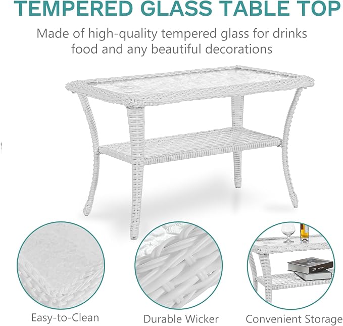 MEETWARM 4 Pieces Outdoor Wicker Patio Conversation Sets with Glider Loveseat, 2 Chairs with Coffee Table Wicker Rocking Glider Set, Rattan Conversation Set with Thickened Cushions, White/Grey