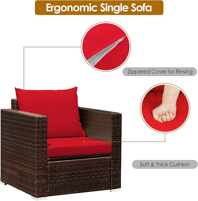 RELAX4LIFE 3-Piece Wicker Bistro Set - Outdoor Patio Rattan Sofa Set w/Washable Cushions & Tempered Glass Coffee Table, Conversation Furniture Set for Backyard, Porch, Garden & Poolside (Red)