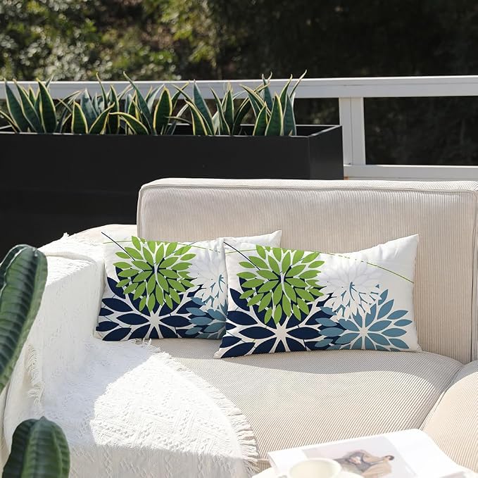 DFXSZ Pack of 2 Outdoor Waterproof Throw Pillow Covers 12x20 Green Blue | Polyester Colorful Spring Summer Floral Decorative Cushion Cases(NO INSERT),For Couch Patio Funiture Garden Home Decor