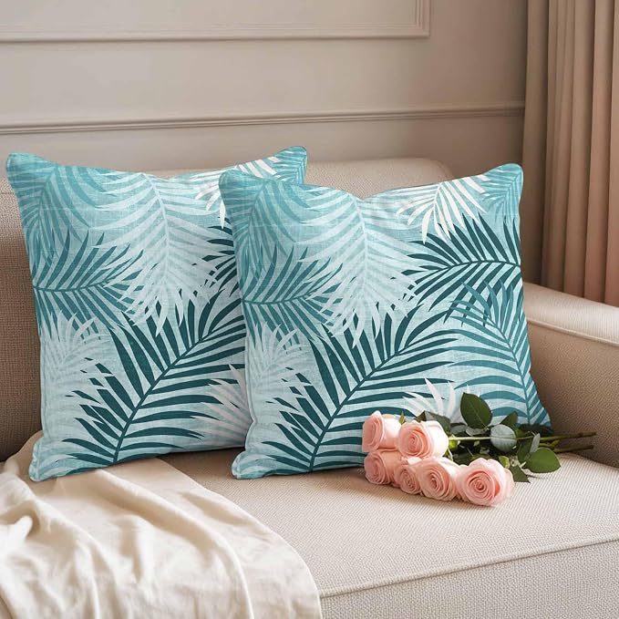 Turquoise Palm Leaves Waterproof Outdoor Pillow Covers Set of 2 Home Decor, Summer Tropical Leaf Plant Pillowcase Patio Pillow Covers for Couch Bench Patio Furniture Garden 26x26in