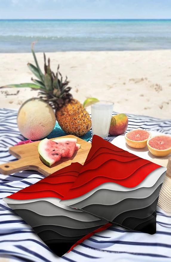 Funy Decor Waterproof Outdoor Throw Pillow Cover Red Modern Geometric Lumbar Pillowcases Set of 2 Grey Abstract Beach Decorative Patio Furniture Pillows for Couch Garden 20x20 inch x 2pcs