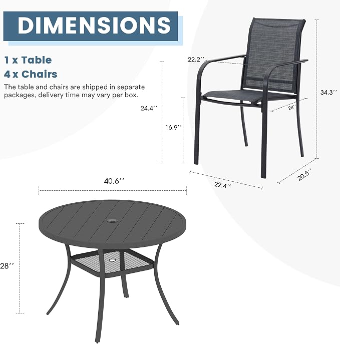 DIFY Outdoor Dining Set for 4, Patio Dining Furniture Set Includes 40.6" Grey Round Table with Adjustable Umbrella Hole and 4 Grey Stackable Metal Chairs for Poolside, Garden, Backyard
