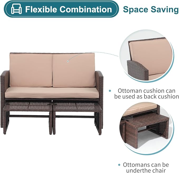 OC Orange-Casual Outdoor Loveseat 3 Piece Patio Furniture Set Outdoor Conversation Set All-Weather Wicker Love Seat with Ottoman/Side Table, Brown Rattan, Beige