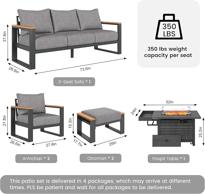 Sundale Outdoor Aluminum Patio Furniture Set, 6 Piece Outdoor Conversation Sets with Fire Pit and 6" Thick Olefin Cushions, All Weather Outdoor Sectional Set for Deck, Lawn, Yard