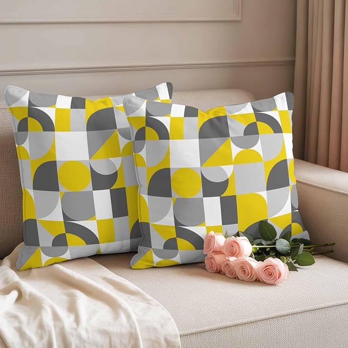 Mid Century Outdoor Waterproof Throw Pillow Covers Set of 2, 18"x18", Yellow Grey Abstract Retro Geometric Modern Decorative Pillow Covers Outside Cushion Case for Patio Porch Garden