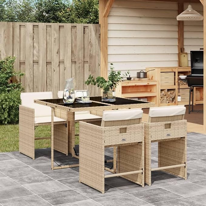 5 Piece Patio Dining Set with Cushions Beige Poly Rattan Outdoor Table and 4 Folding Chairs Tempered Glass Top for Garden Backyard Deck Dining Relaxing UV Proof
