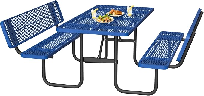 72" Heavy-Duty Iron Mesh Picnic Table Set with Backrest Blue | 1.73'' Umbrella Hole, Commercial-Grade Outdoor Table for Patio, Garden or Park–Rust-Resistant, Heat-Proof, All-Season Use