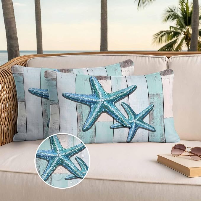 Teal Blue Starfish Waterproof Outdoor Pillow Covers Set of 2 Home Decor, Summer Beach Coastal Retro Wooden Pillowcase Patio Pillow Covers for Couch Bench Furniture Garden 20x12in