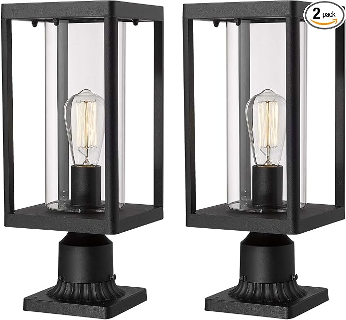 Beionxii Outdoor Post Lantern, 20inch Large Modern Lamp Post Light Fixture Exterior Pillar Lights with Pier Mount Base, Black Cast Aluminum w/Clear Cylinder Glass - A291P-2PK (NOT Solar, 110-120V AC)