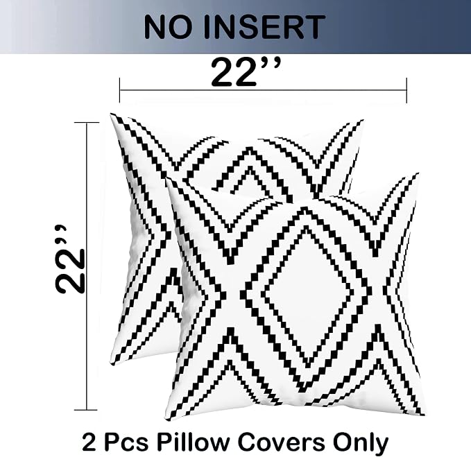 Outdoor Pillow Waterproof Set of 2, Boho Farmhouse Throw Pillow Covers Geometric Pillow Cases for Patio Furniture, Outdoor Pillow Covers for Couch, Black More(Black&White-02, 22x22 Inch)