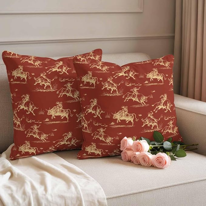 Orange Western Cowboys Outdoor Pillow Covers Waterproof, All Weather Cushion Case Set of 2, Vintage Country Cow Grass Decorative Pillowcases for Sofa Couch Bed Decor Patio Furniture 18"x18"