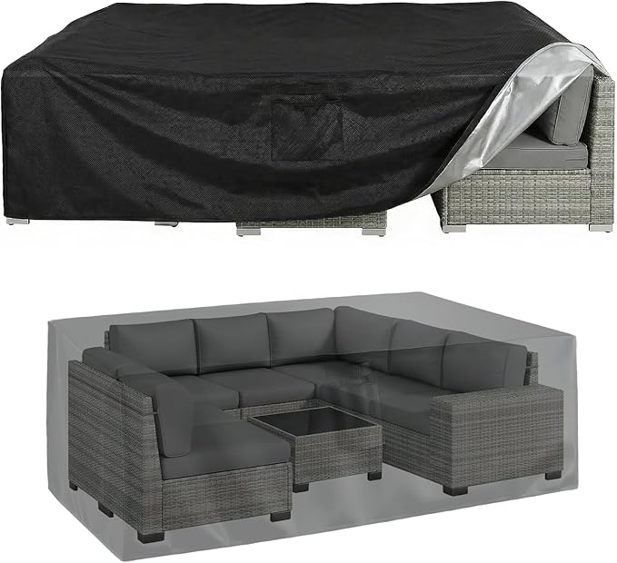 KANAGAWA Rectangular Patio Furniture Covers,108"(L) x 82"(W) x 28"(H) Heavy Duty Table and Chairs Cover,Anti-Fading Outdoor Waterproof 420D Furniture Cover with UV Resistant,Black