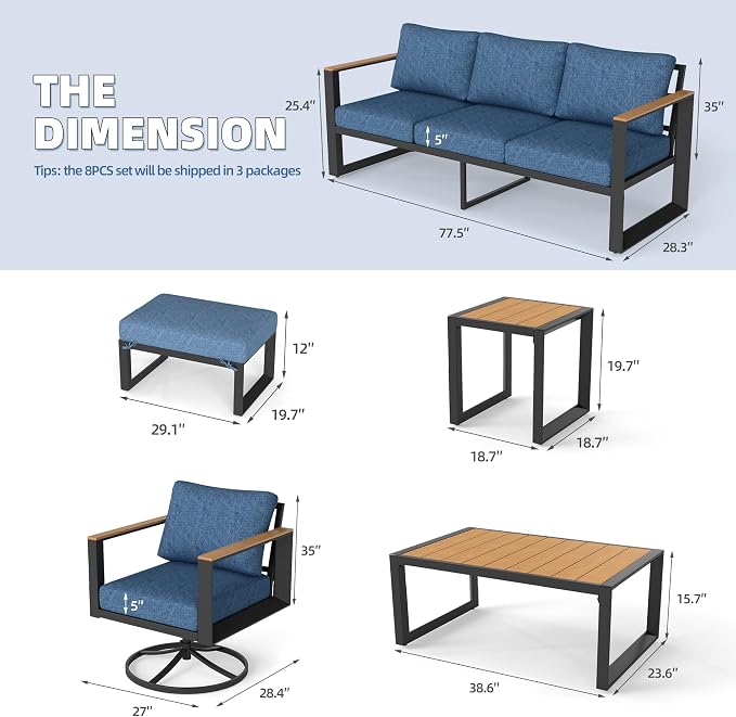 Aluminum Patio Furniture Set with Swivel Chairs, 7-Piece Modern Patio Conversation Sets with Water-Resistant Cushions, Blue