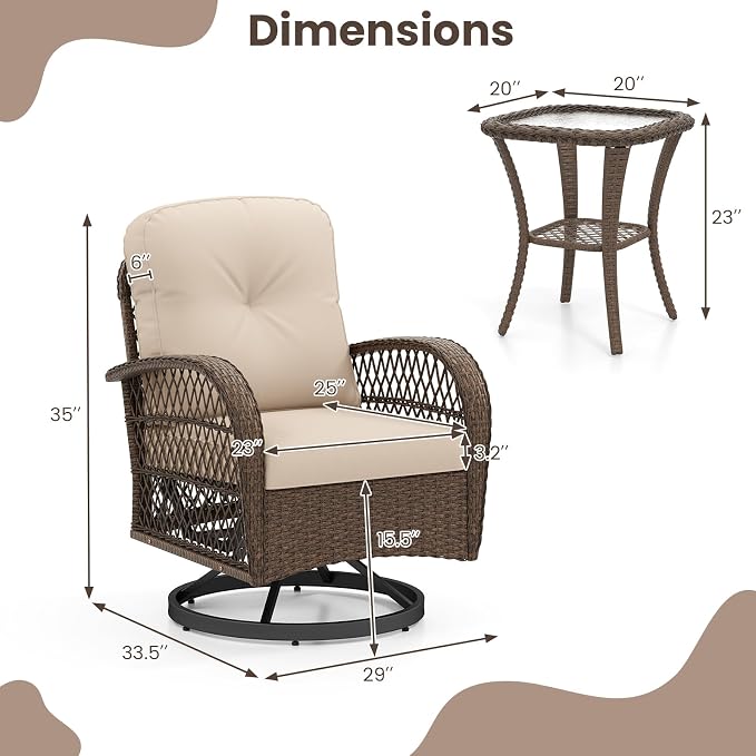 HAPPYGRILL 3 Pieces Outdoor Rattan Swivel Rocker Chairs Set with Tempered Glass Side Table, Outside Sectional Patio Conversation Furniture Set with Swivel Rocking Chairs for Deck Porch Garden (Beige)