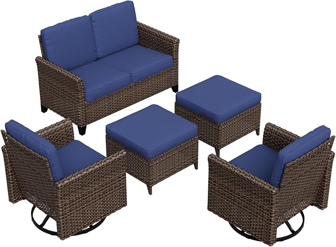 COOS BAY Harbor Retreat 5 Piece Outdoor Furniture Set, Patio Conversation Set with Swivel Rocking Chairs, 2 Seat Loveseat and Ottomans, Wicker Furniture, Brown/Blue