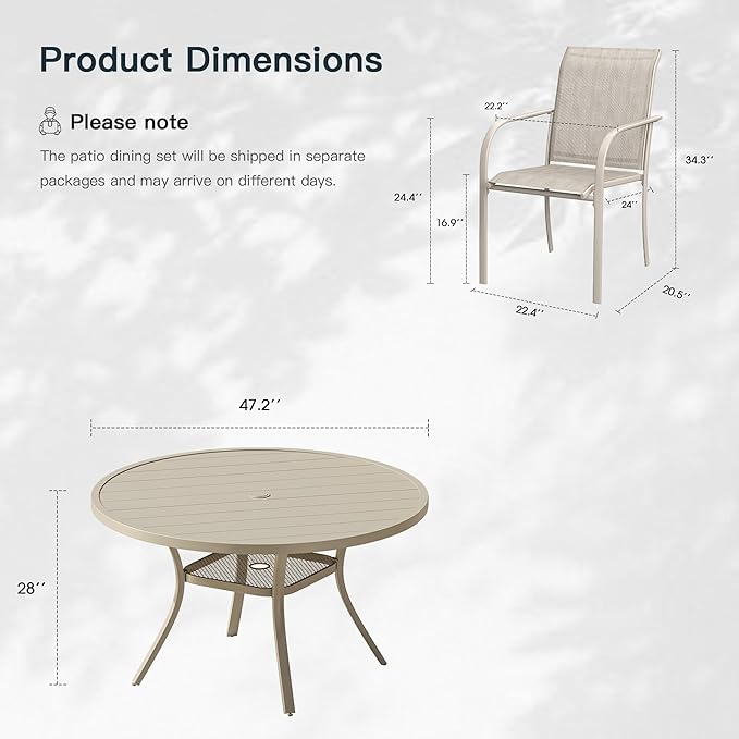 VICLLAX 7 Pieces Patio Outdoor Dining Set, 47.2" Round Metal Table with Umbrella Hole and 6 Stackable Textilene Chairs for Patio, Lawn, Garden, Porch, Sandshell