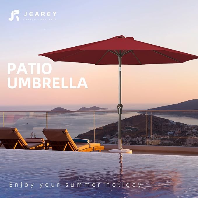 JEAREY 9FT Outdoor Patio Umbrella Outdoor Table Umbrella with Push Button Tilt and Crank, Market Umbrella 8 Sturdy Ribs UV Protection Waterproof for Pool, Garden (Red)