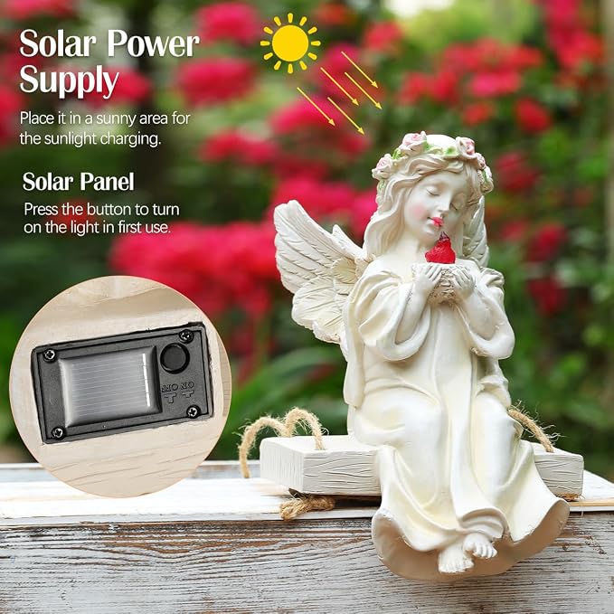 Angel Garden Statue,Fairy Solar Garden Decor with Warm Light | Waterproof Angel Statue with Swing & Holding Bird,Outdoor Garden Decor for Lawn Yard Patio Windowsill Garden Gifts, Apricot