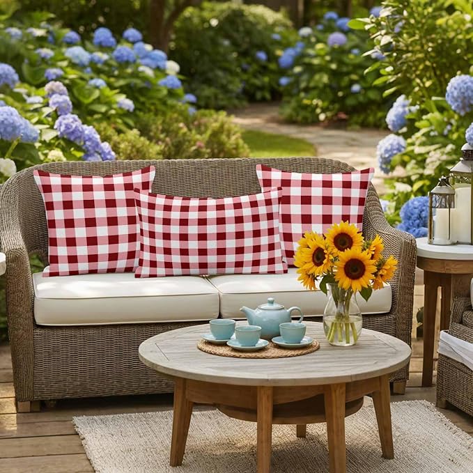 Red Farmhouse Waterproof Outdoor Pillow Covers Set of 2 Home Decor, Gradient Buffalo Plaid Lattice Grid Pillowcase Patio Pillow Covers for Couch Bench Furniture Garden 20x12in
