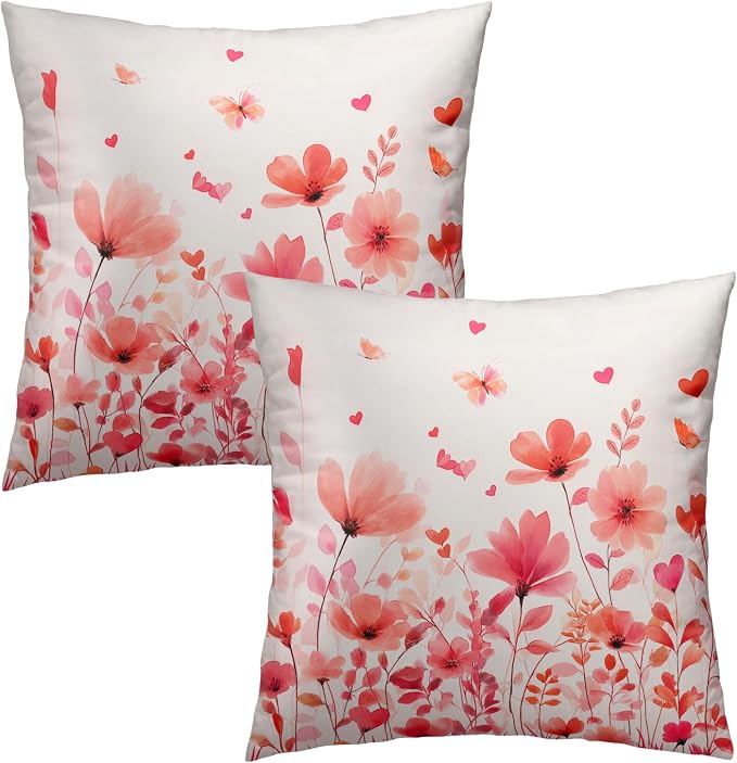 Floral Throw Pillow Covers 18x18 Set of 2, Pink Flowers Leaves with Butterfly Print Decorative Pillow Cases Cotton Cushion Cover for Home Sofa Couch Wedding Anniversary Decor